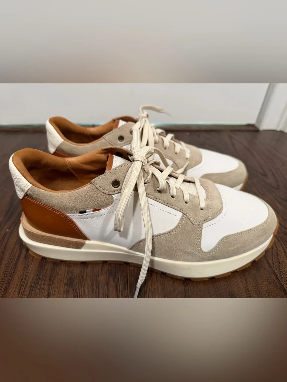Allen Edmonds Beige and White Suede Lionel Lace-up Sneaker